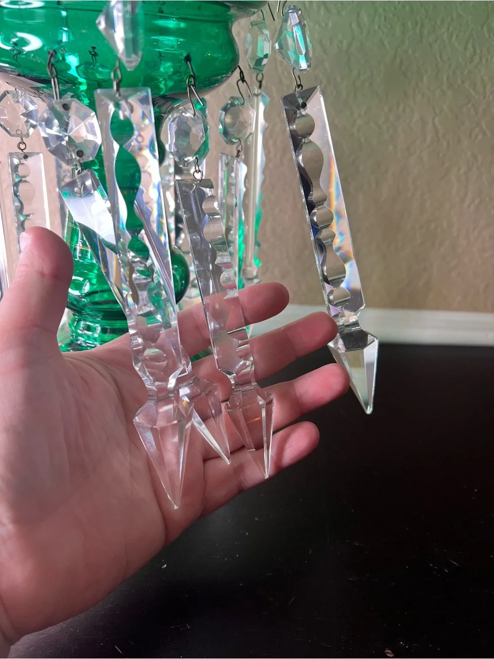 Antique Late 1800s Victorian Bohemian Glass Lustre Form, Emerald Green, Mantle